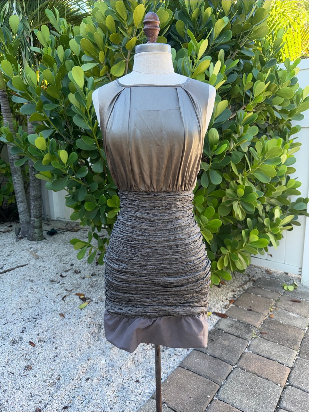 Vintage Olive Silk Taupe Ruched Cocktail Mini Dress
